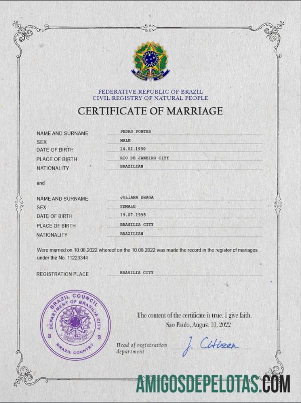 Imprimível modelo PSD de certidão de casamento no Brasil